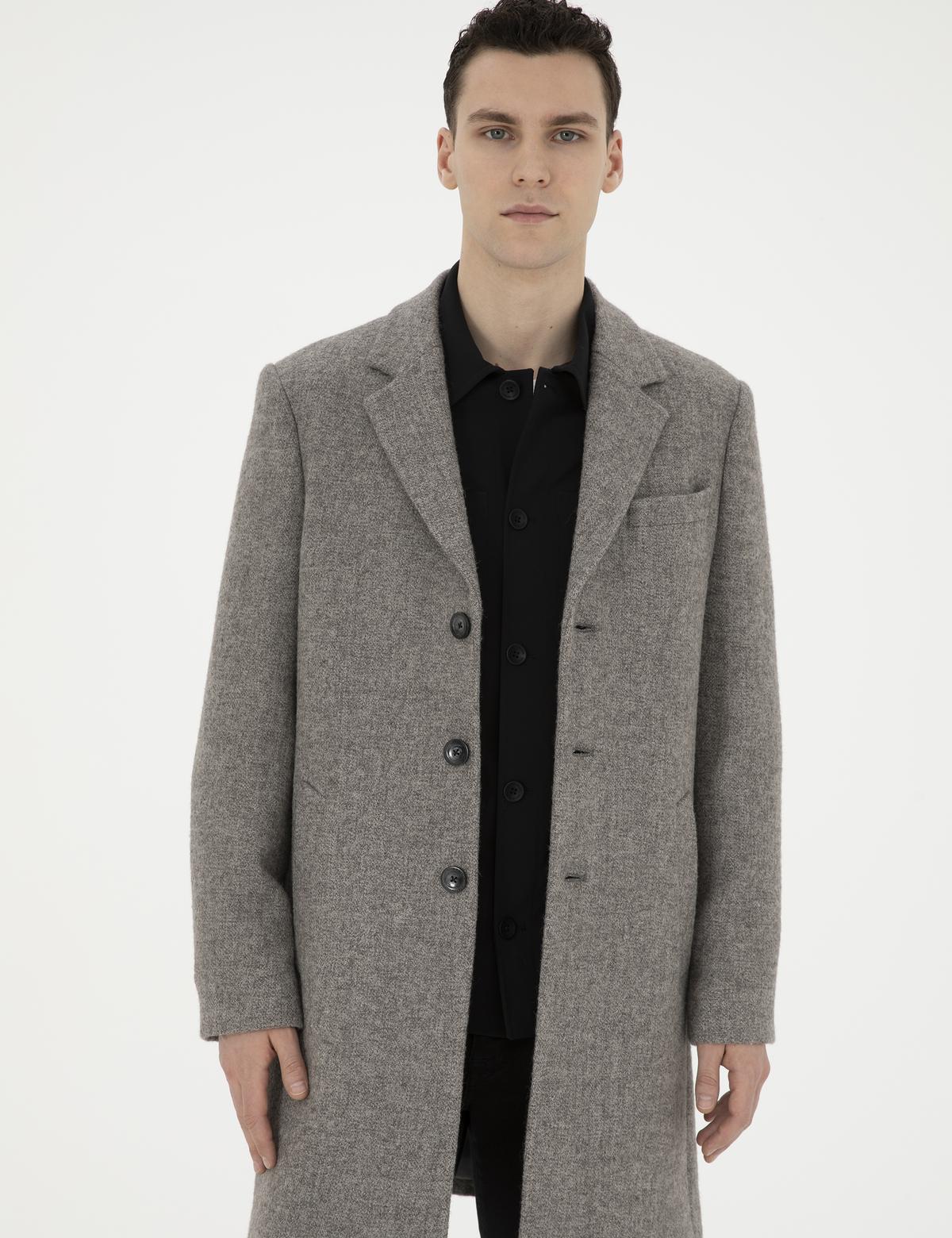 Gri Yün Karışımlı Slim Fit Kaşe Kaban - 50294280047