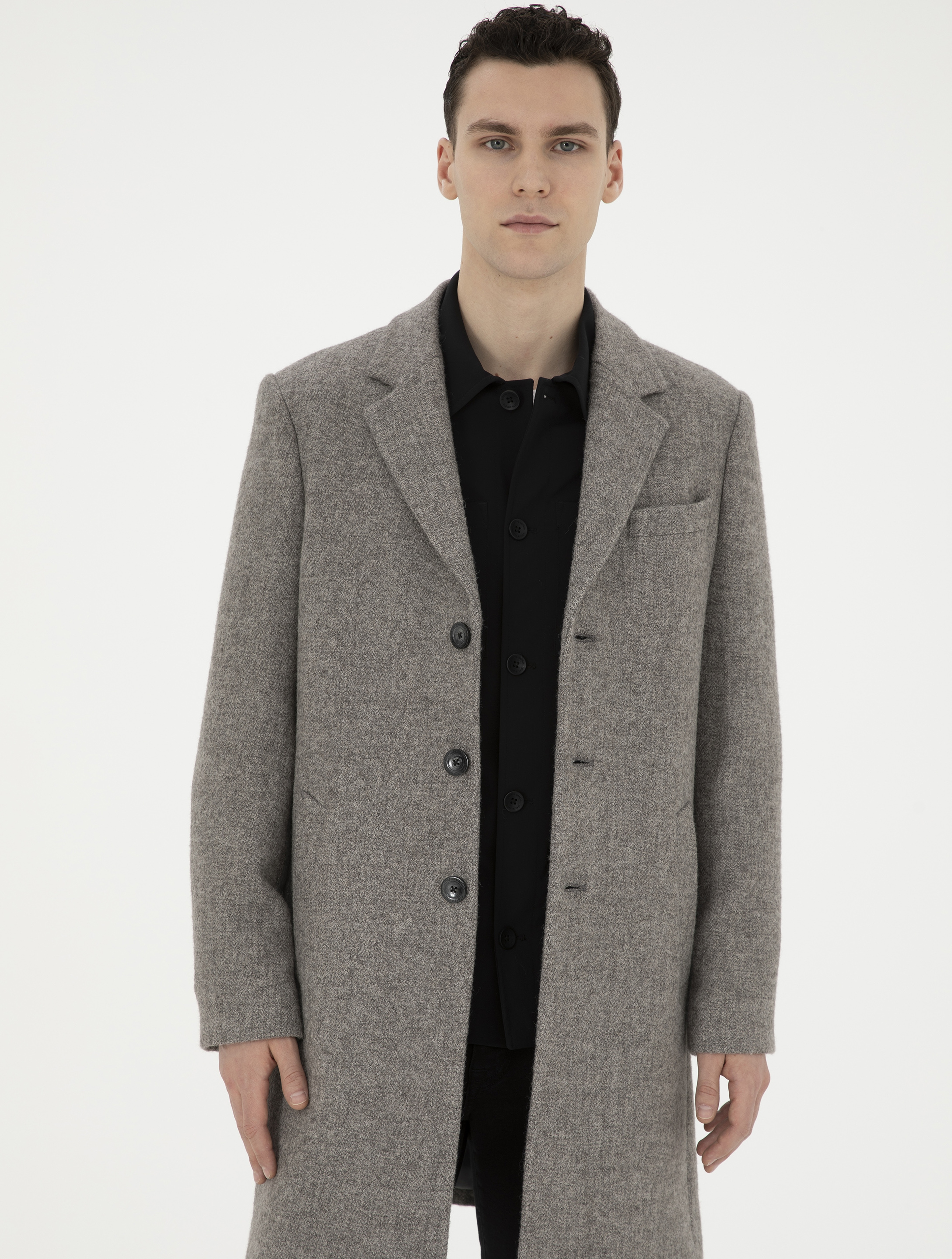 Gri Yün Karışımlı Slim Fit Kaşe Kaban - Image 3