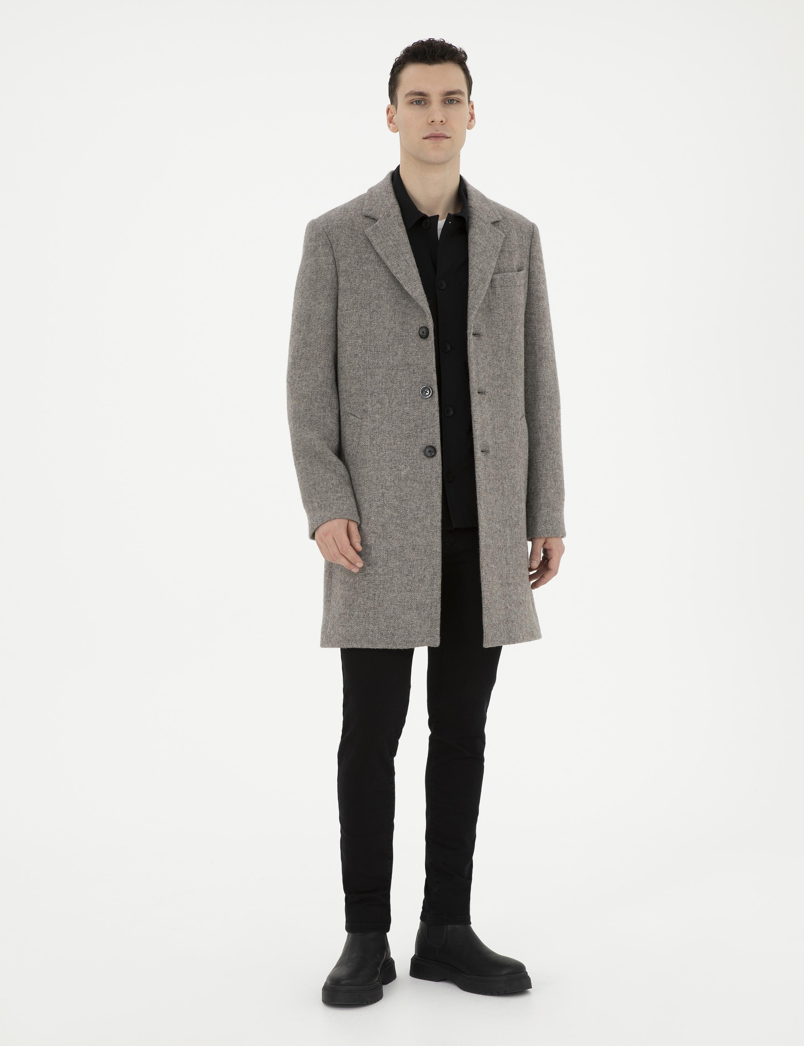 Gri Yün Karışımlı Slim Fit Kaşe Kaban