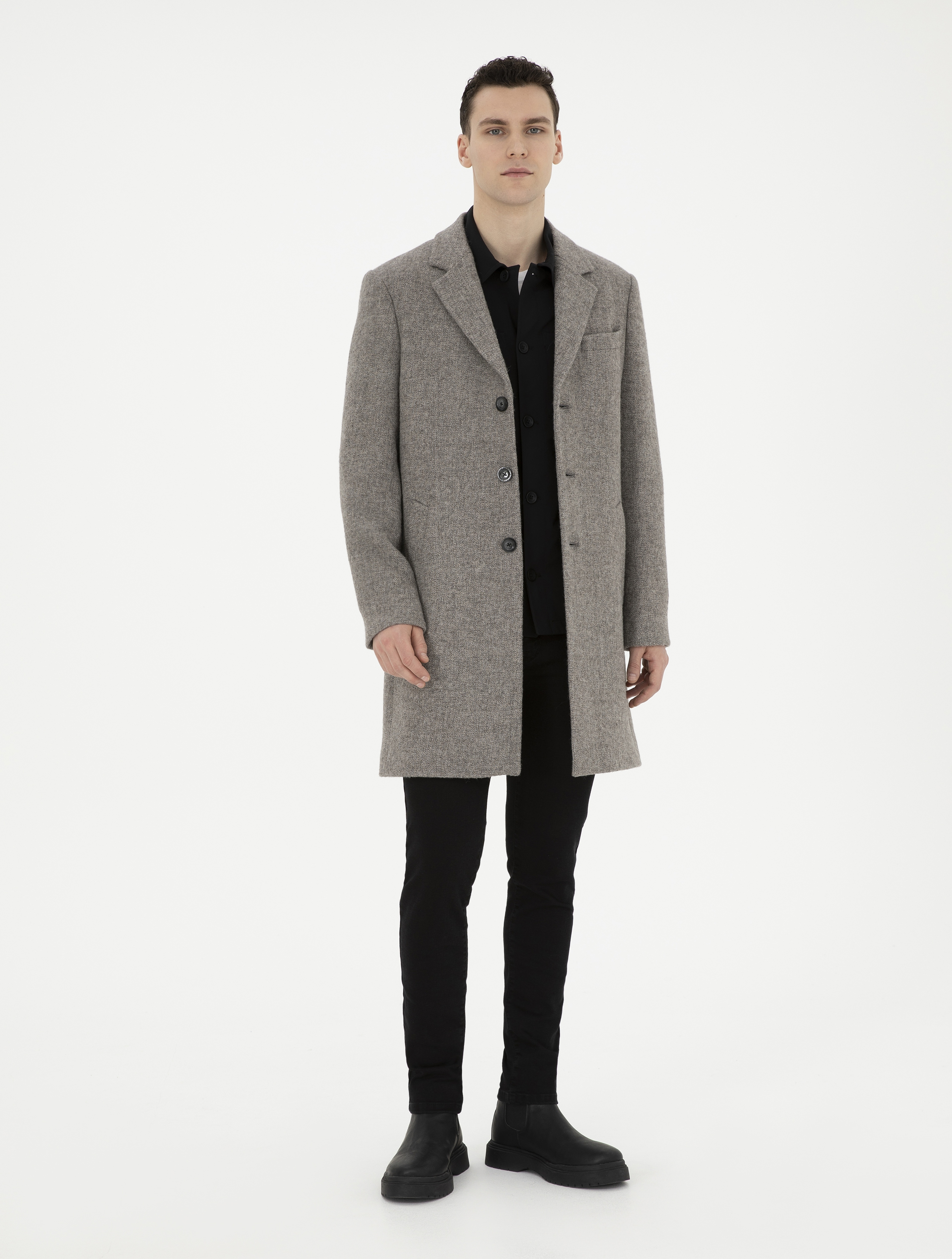Gri Yün Karışımlı Slim Fit Kaşe Kaban - Image 4