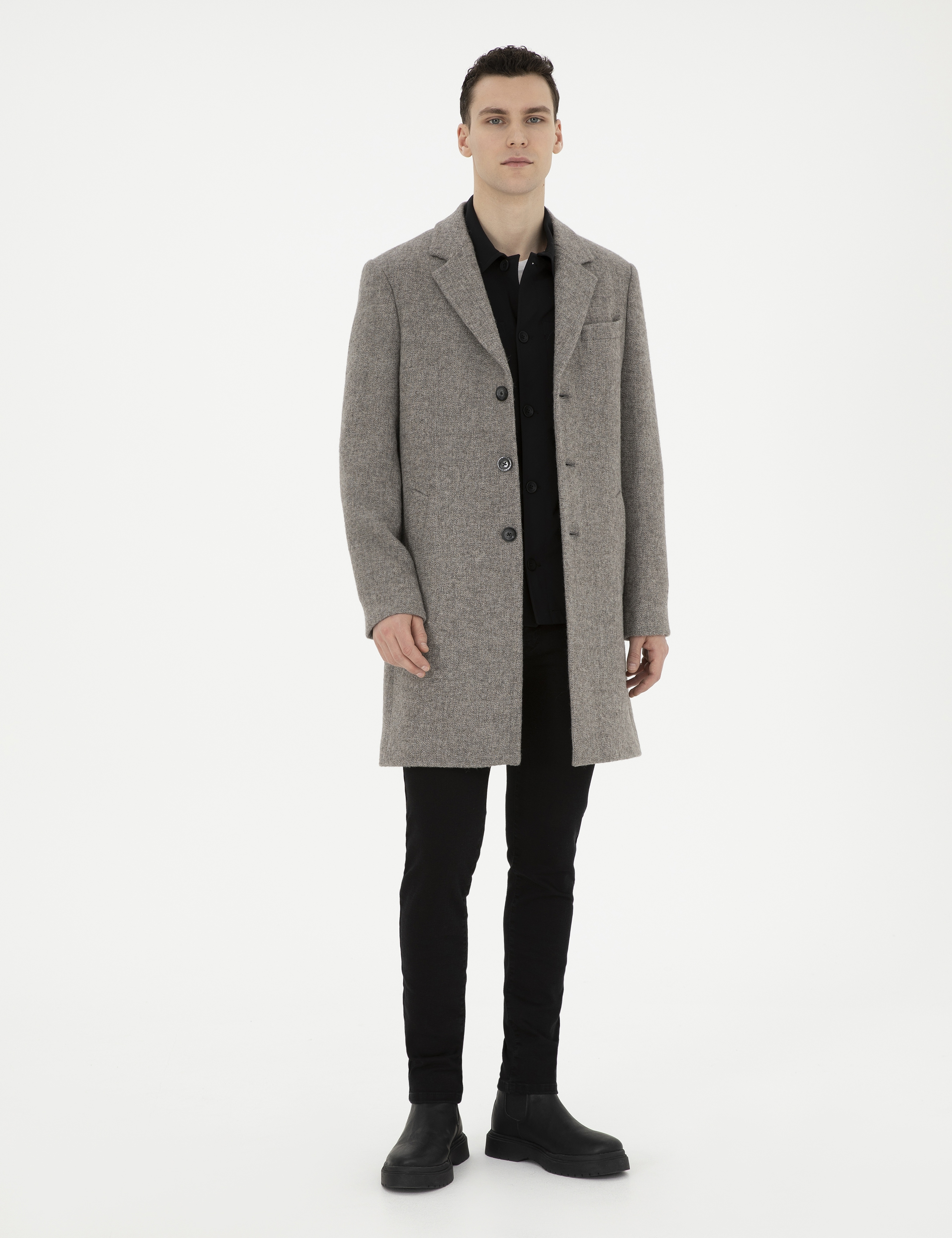 Gri Yün Karışımlı Slim Fit Kaşe Kaban