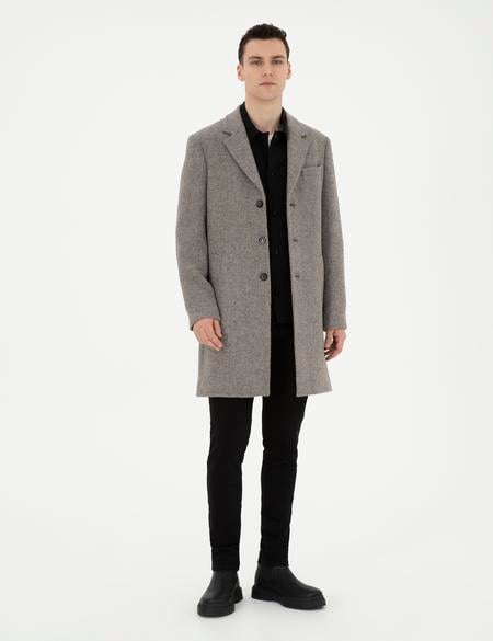 Gri Yün Karışımlı Slim Fit Kaşe Kaban - 50294280047