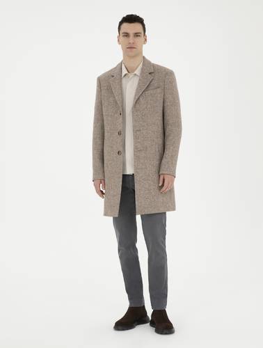 Kahverengi Yün Karışımlı Slim Fit Kaşe Kaban