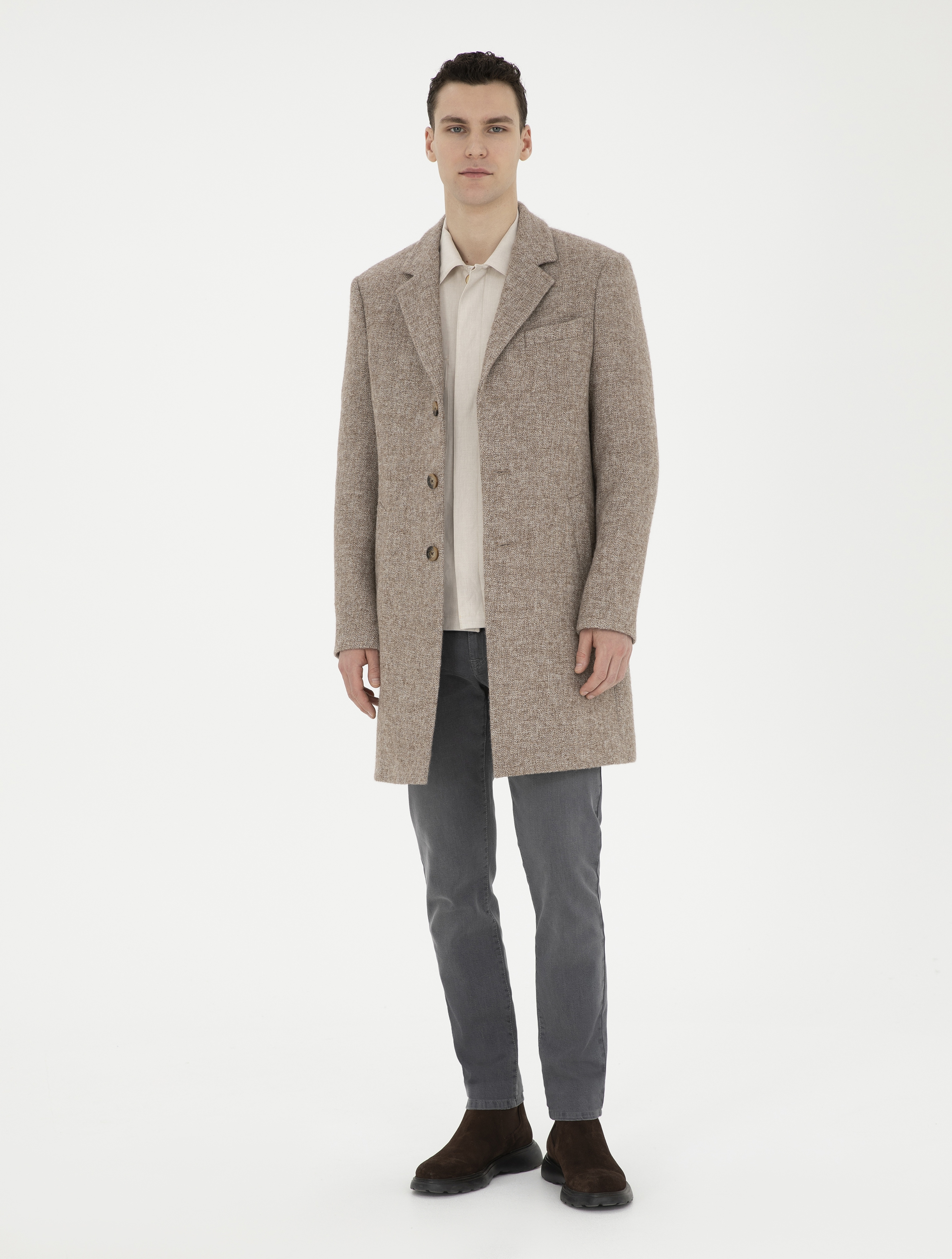 Kahverengi Yün Karışımlı Slim Fit Kaşe Kaban - Image 4