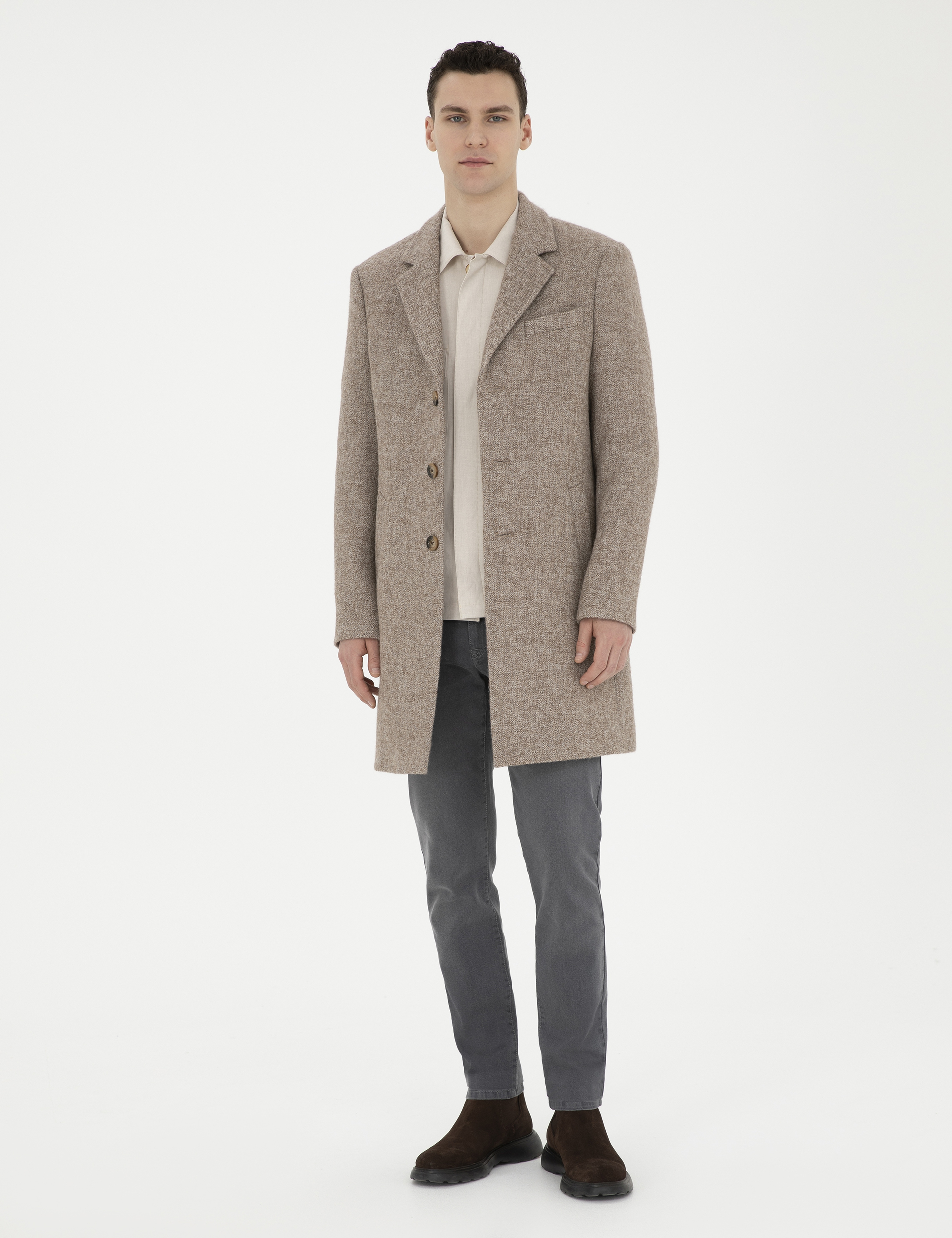 Kahverengi Yün Karışımlı Slim Fit Kaşe Kaban