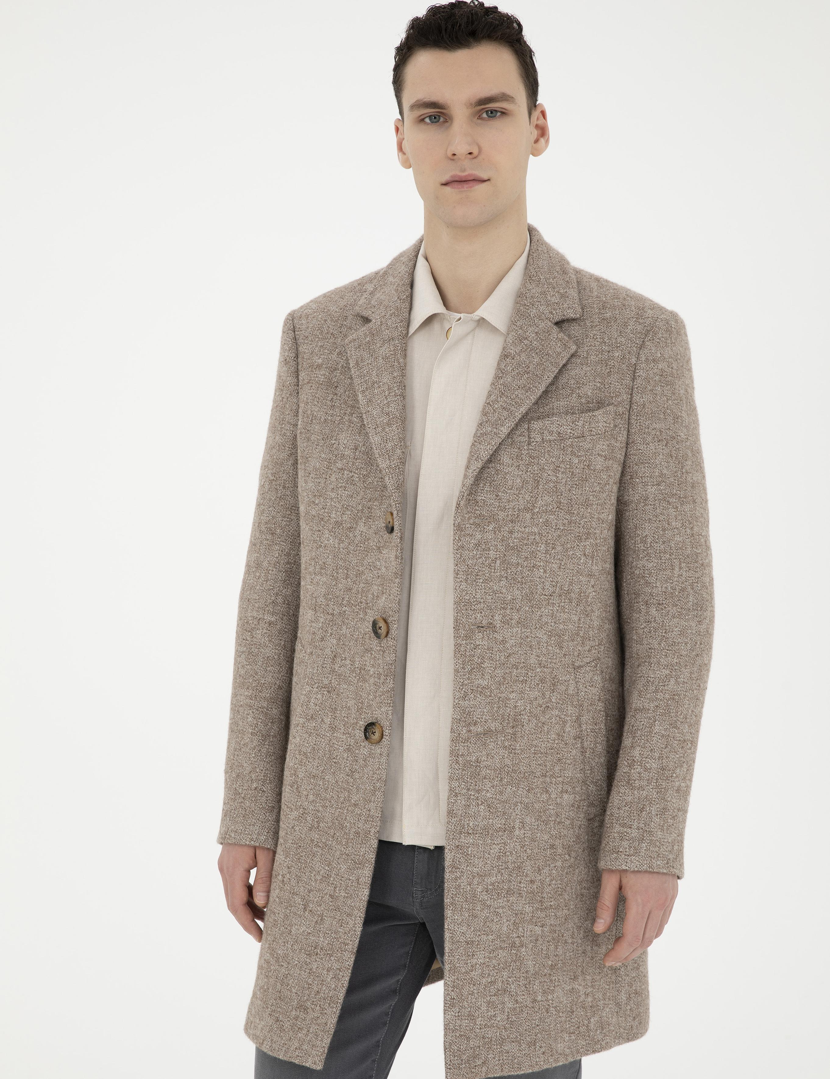 Kahverengi Yün Karışımlı Slim Fit Kaşe Kaban