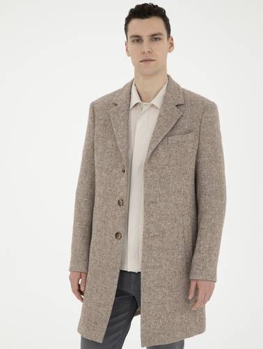 Kahverengi Yün Karışımlı Slim Fit Kaşe Kaban