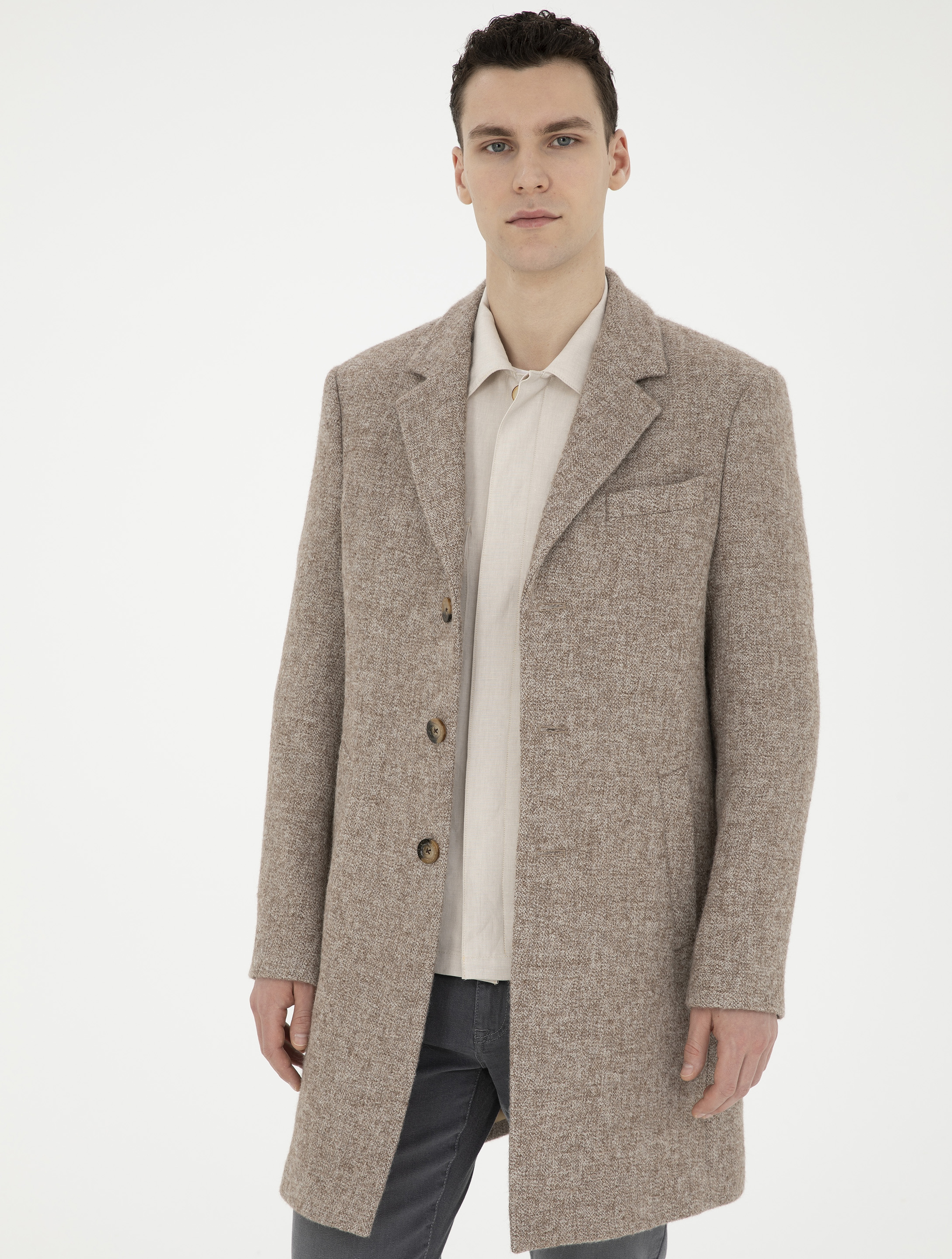 Kahverengi Yün Karışımlı Slim Fit Kaşe Kaban - Image 3