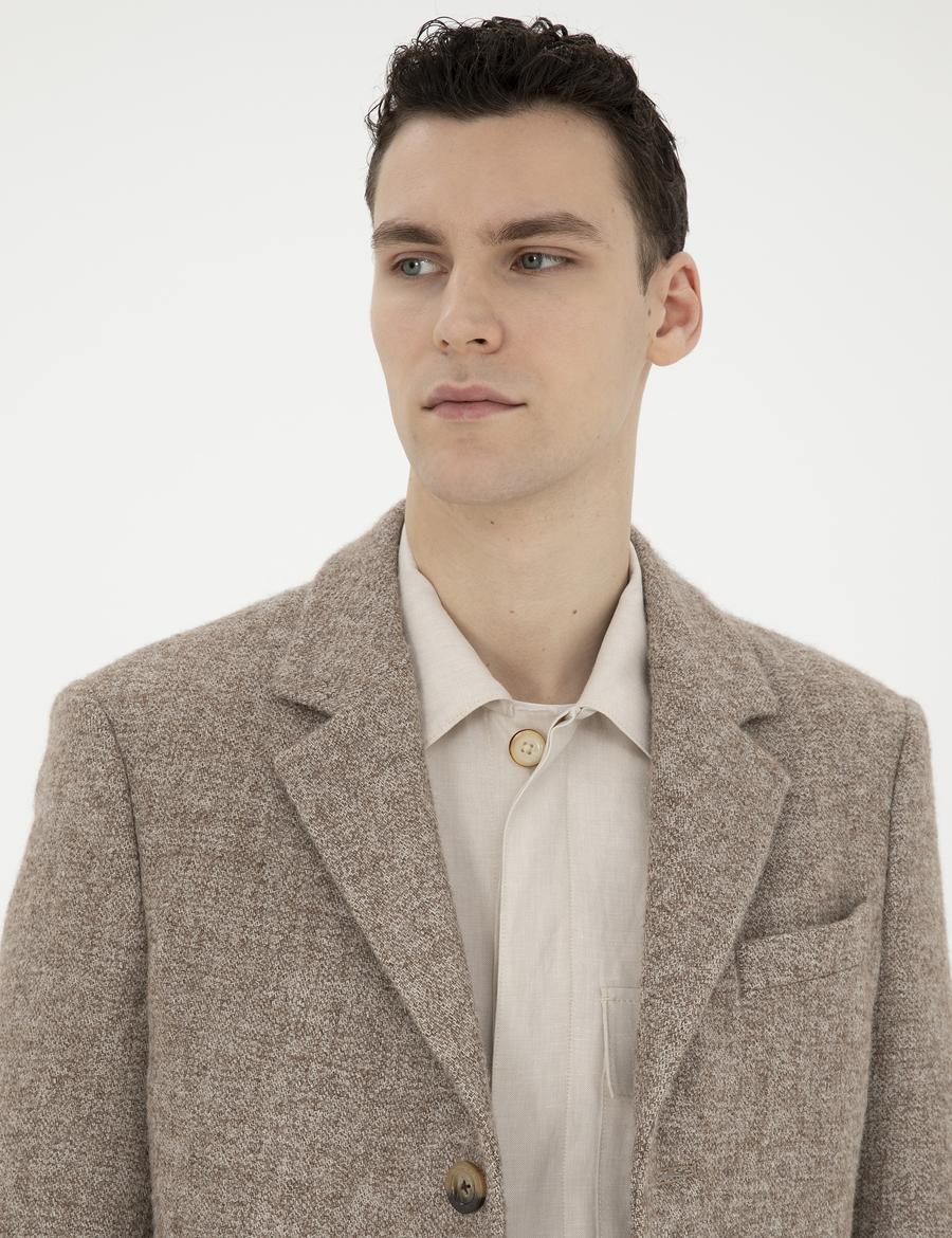 Kahverengi Yün Karışımlı Slim Fit Kaşe Kaban