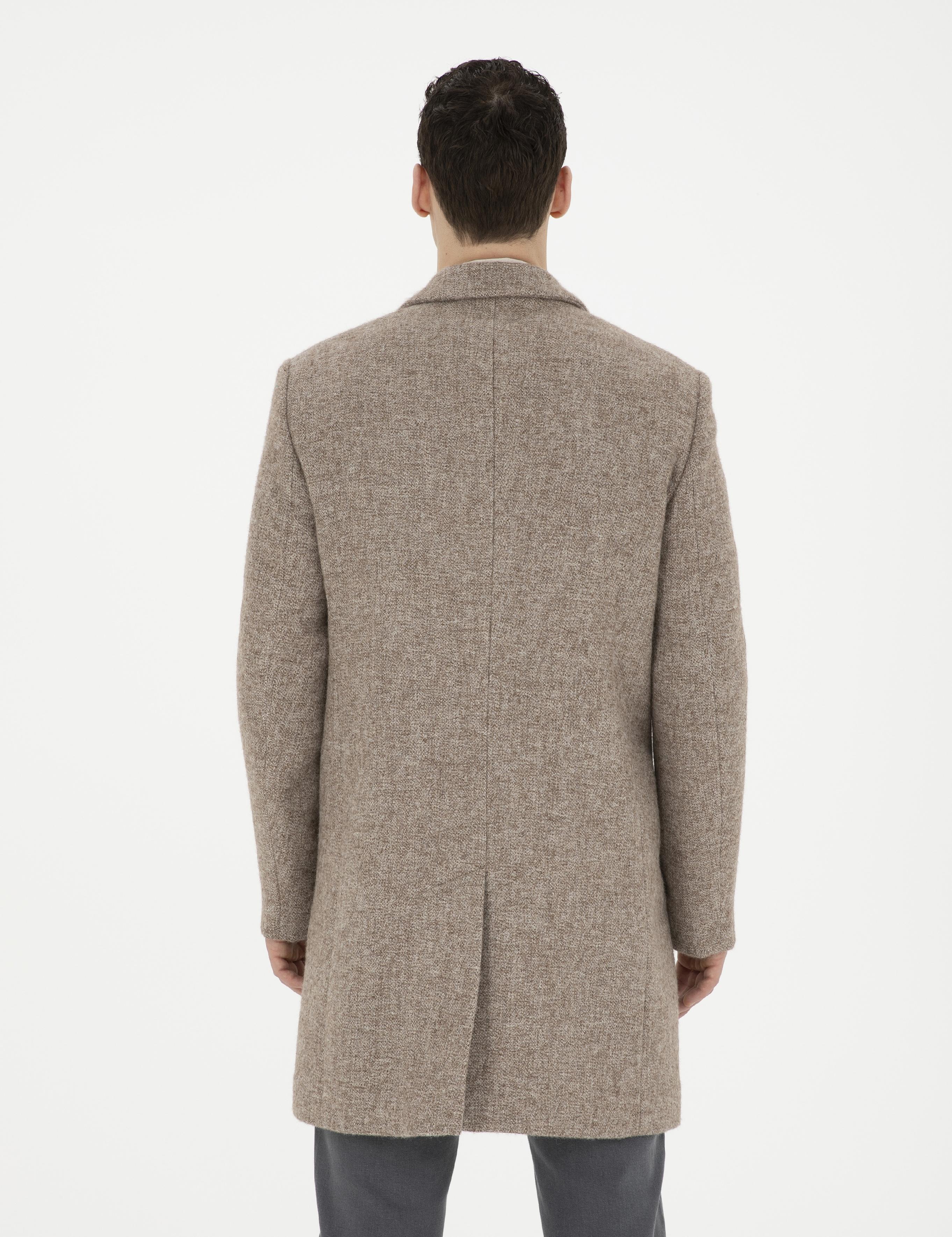 Kahverengi Yün Karışımlı Slim Fit Kaşe Kaban