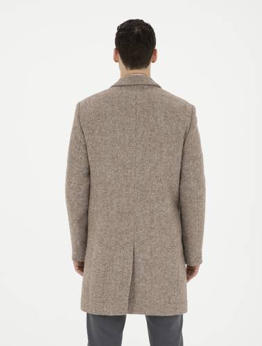 Kahverengi Yün Karışımlı Slim Fit Kaşe Kaban