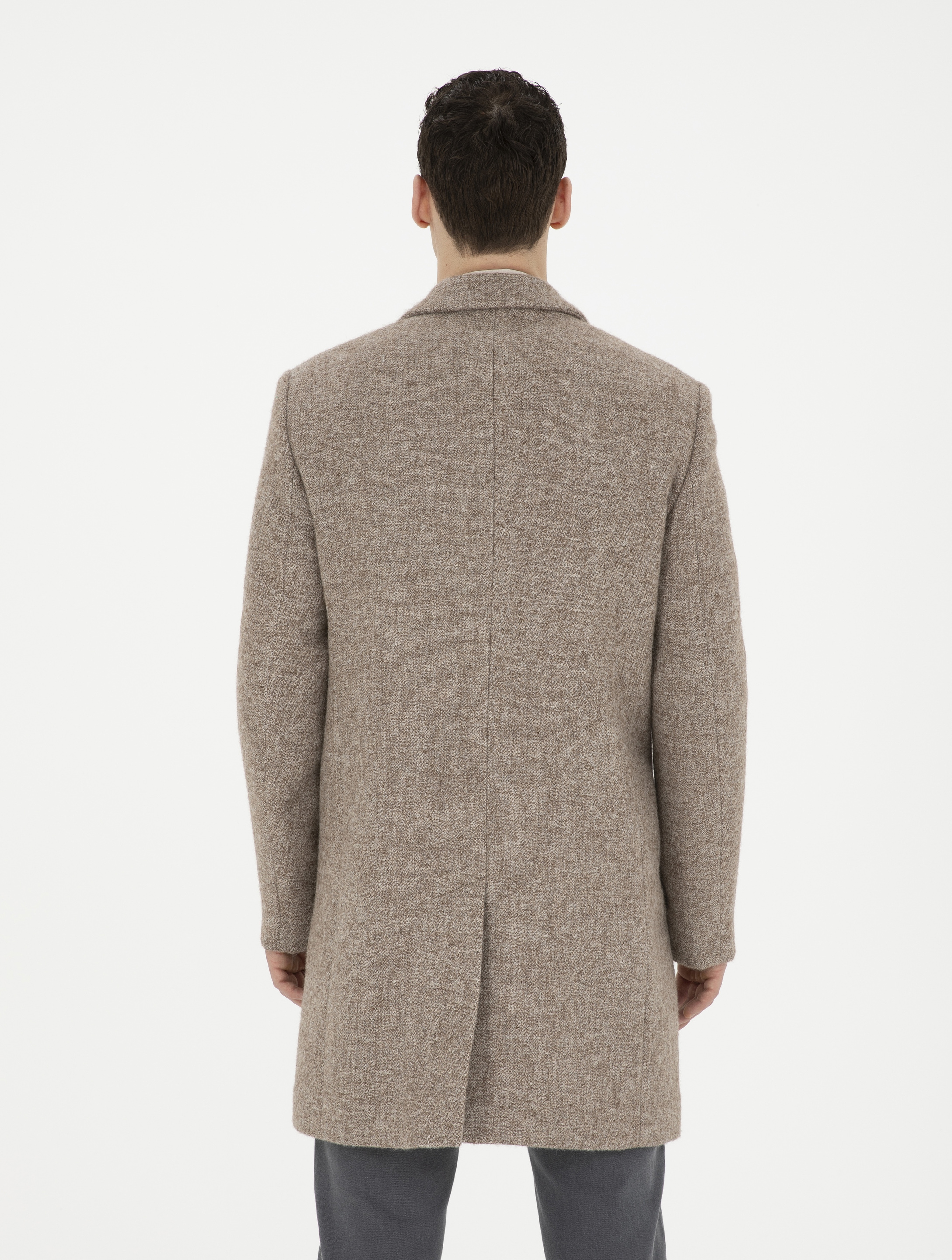 Kahverengi Yün Karışımlı Slim Fit Kaşe Kaban - Image 5
