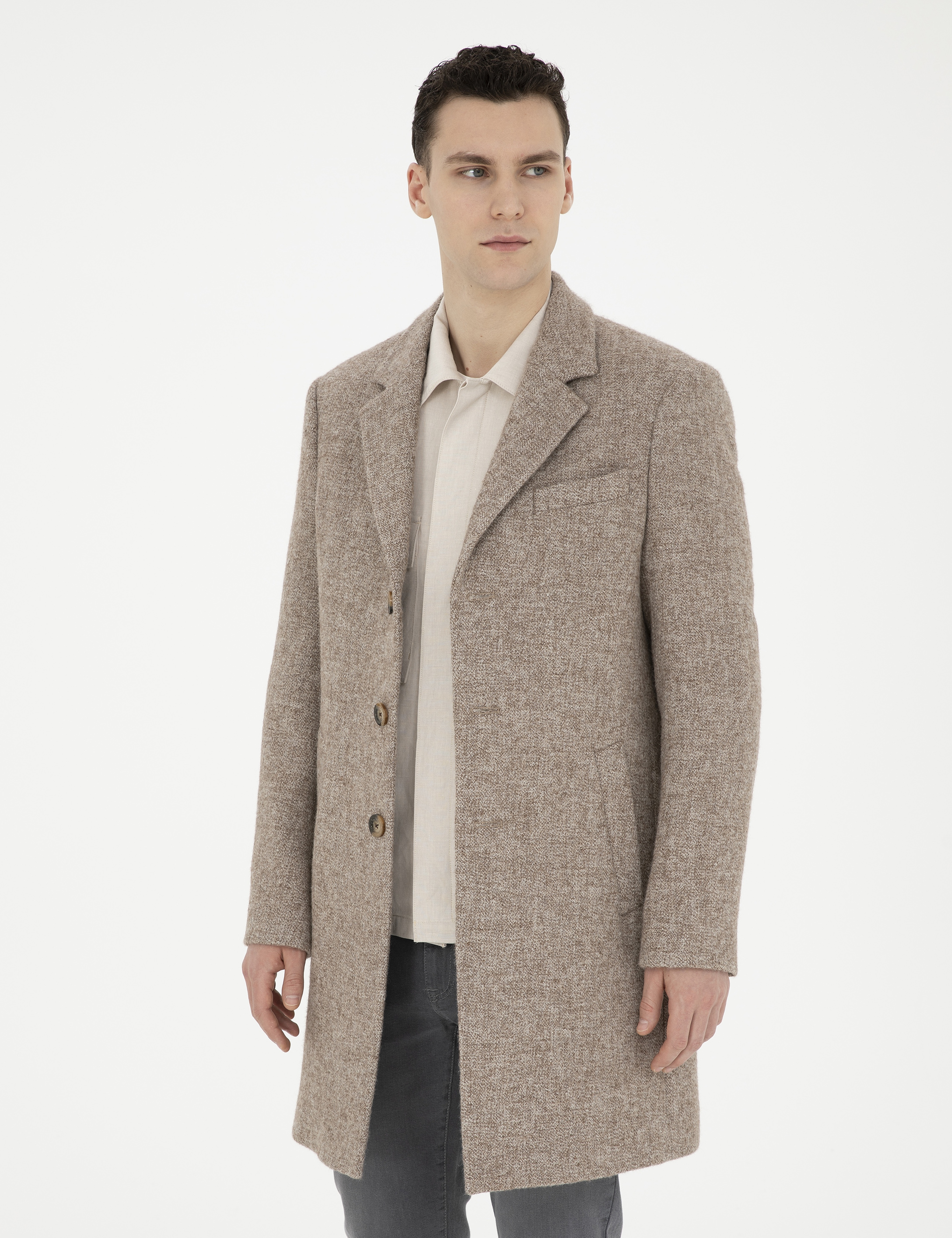 Kahverengi Yün Karışımlı Slim Fit Kaşe Kaban