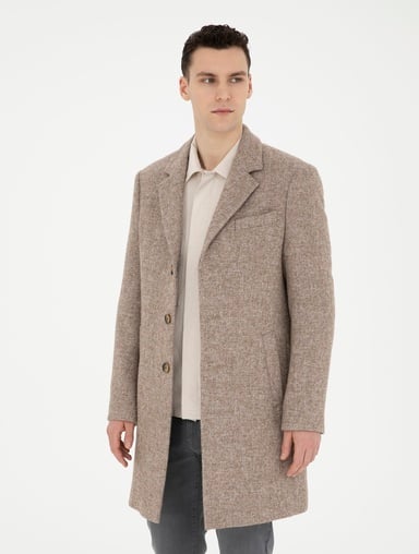 Kahverengi Yün Karışımlı Slim Fit Kaşe Kaban