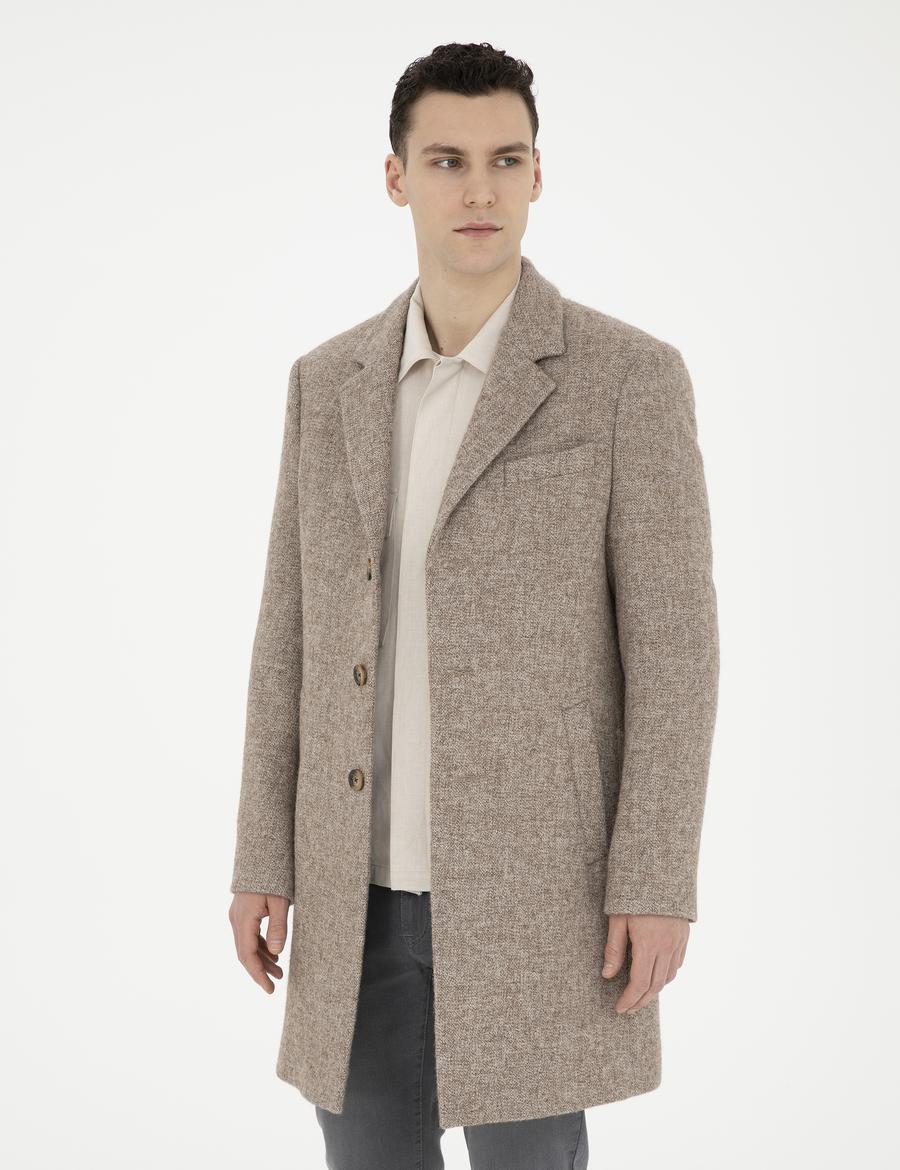 Kahverengi Yün Karışımlı Slim Fit Kaşe Kaban