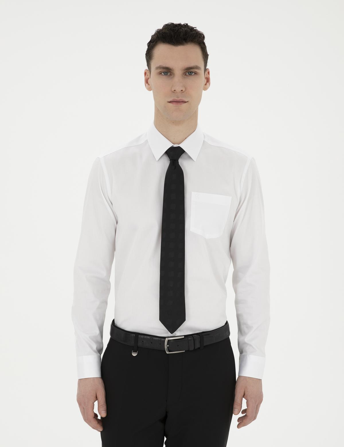 Beyaz Parlak Saten Regular Fit Uzun Kollu Basic Gömlek