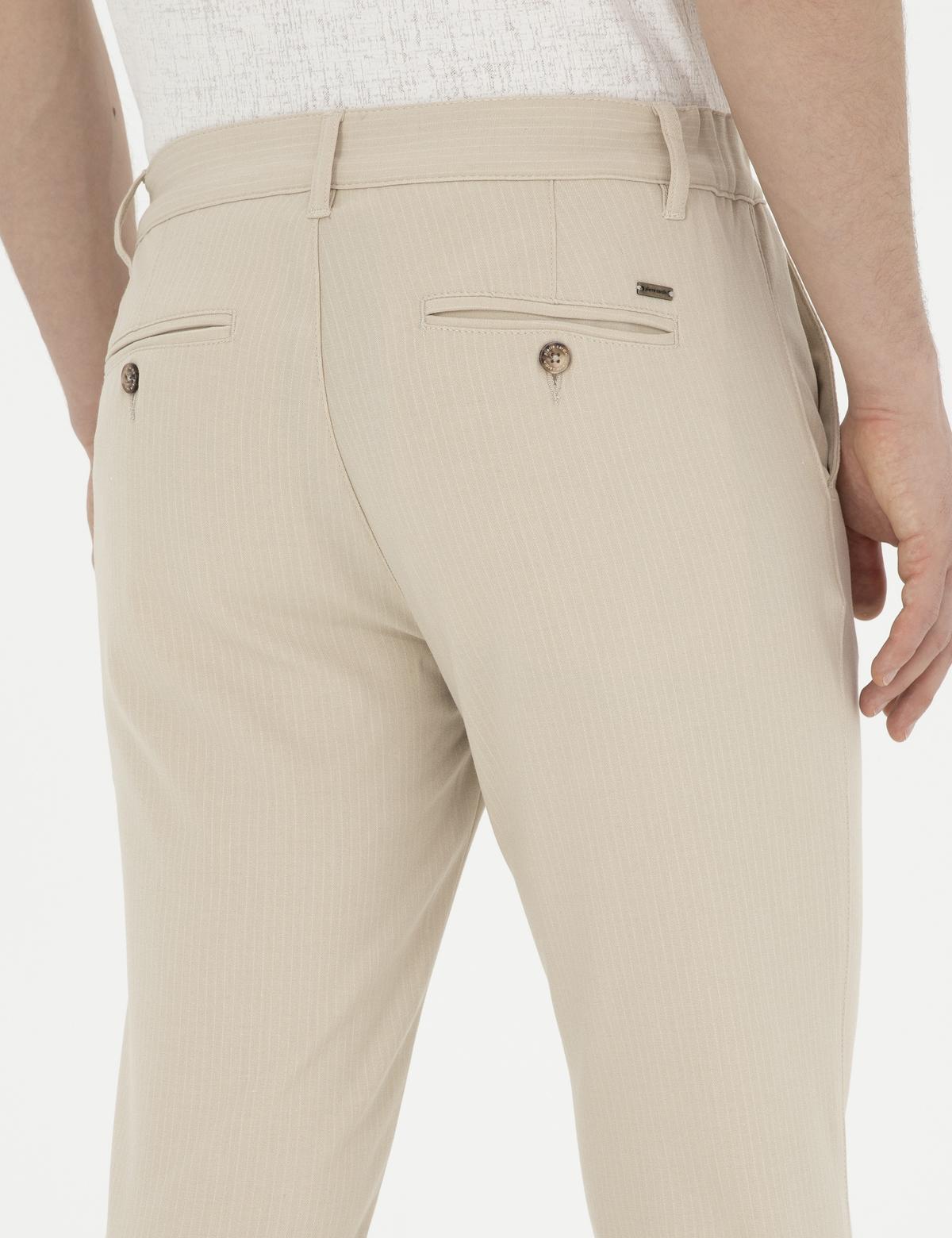 Bej Slim Fit Kanvas Çizgili Pantolon - 50291518023