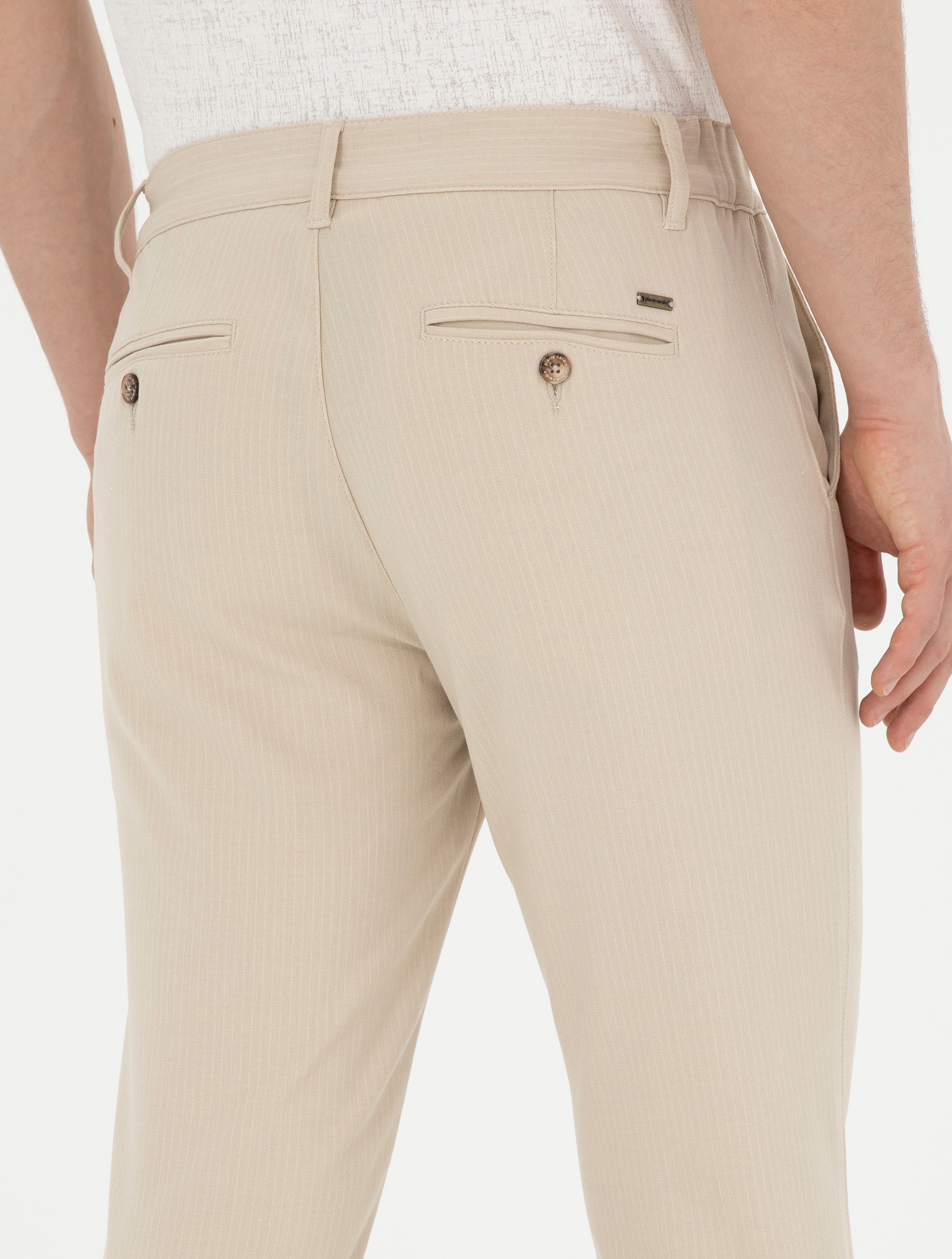 Bej Slim Fit Kanvas Çizgili Pantolon - Image 7