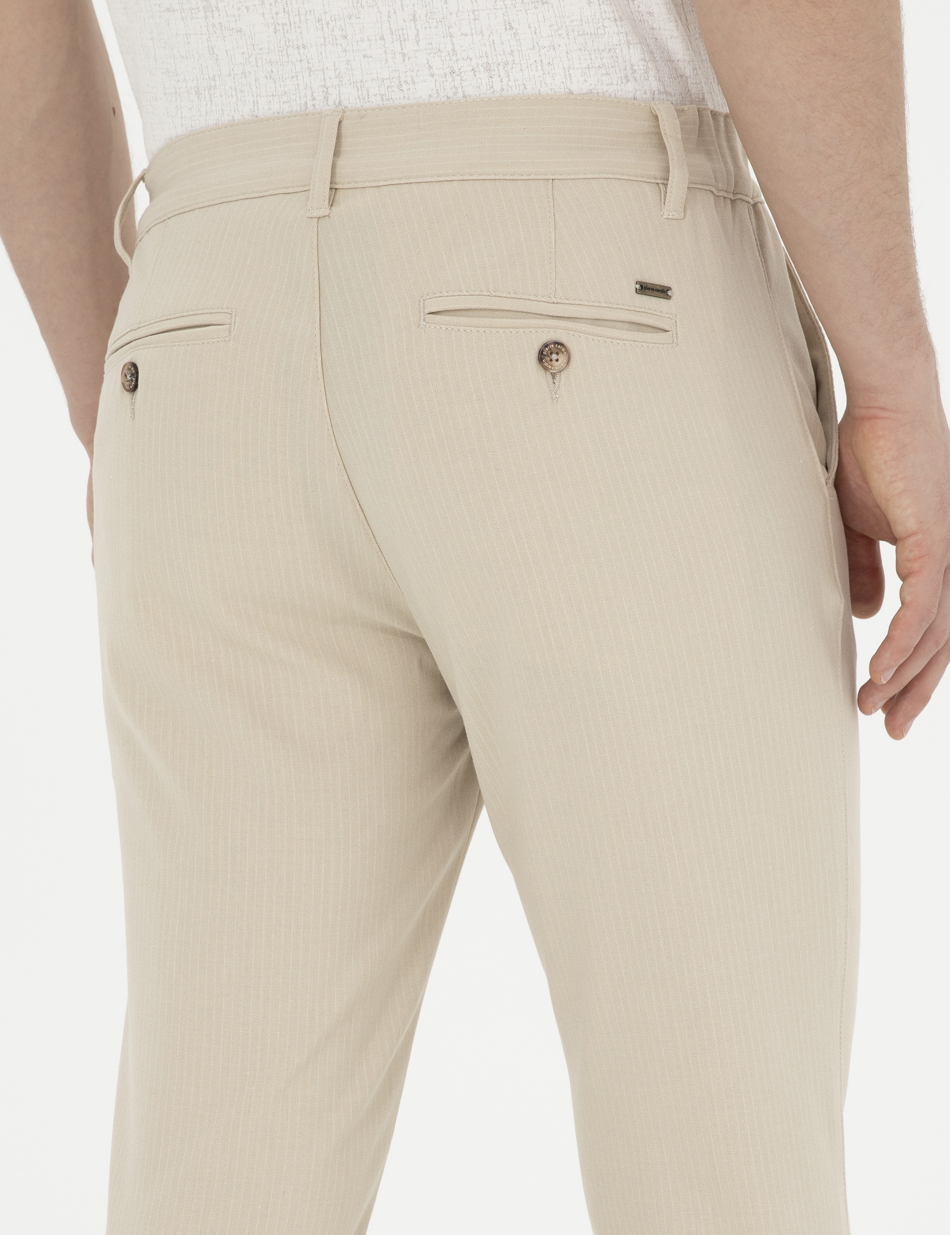 Bej Slim Fit Kanvas Çizgili Pantolon