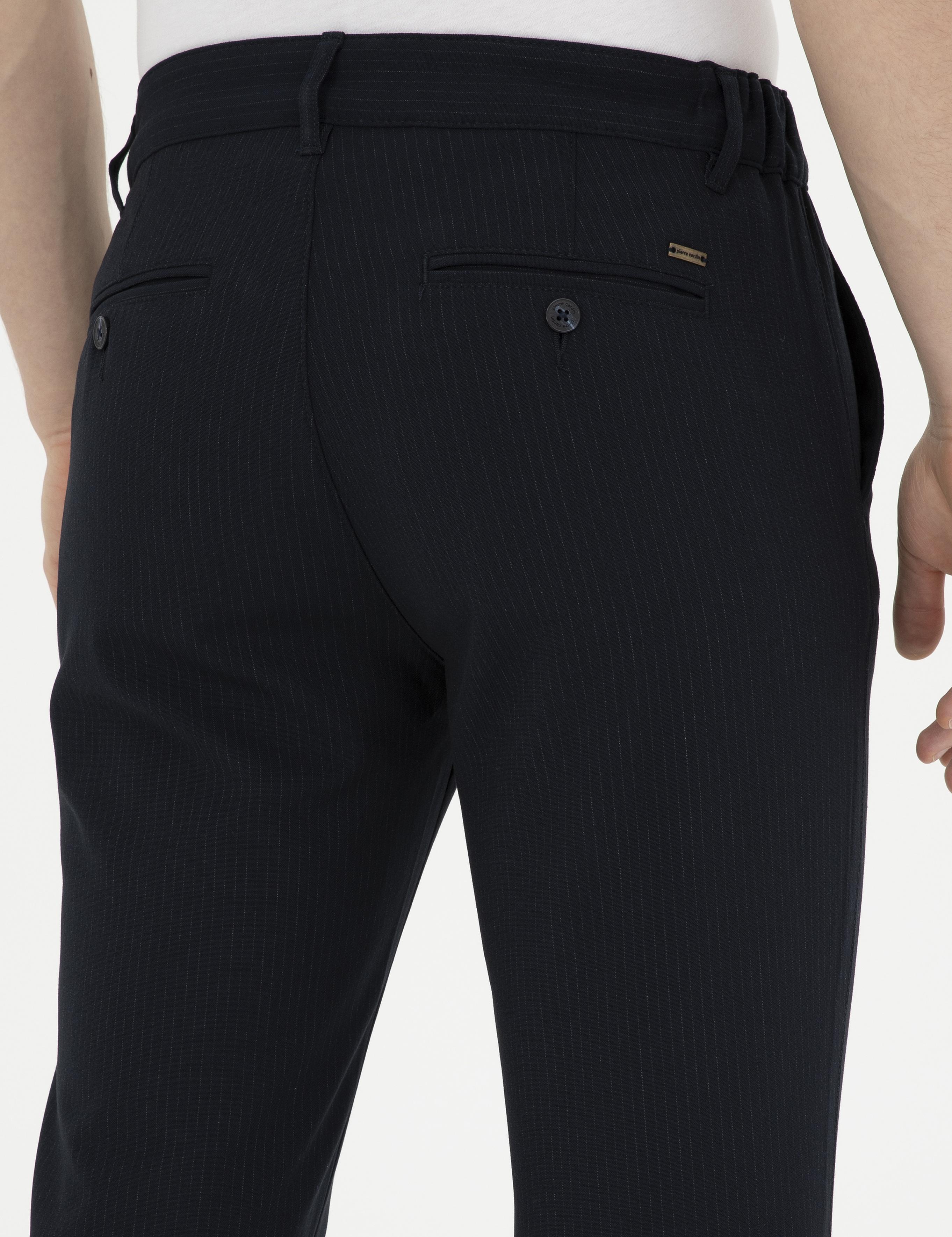 Lacivert Slim Fit Kanvas Çizgili Pantolon