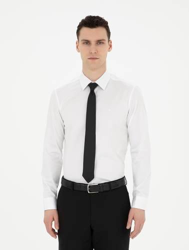 Beyaz %100 Pamuk Parlak Saten Slim Fit Uzun Kollu Basic Gömlek