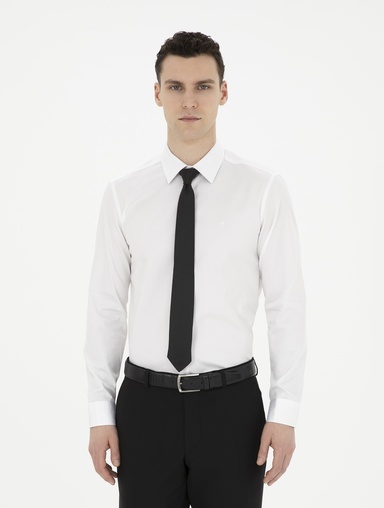 Beyaz %100 Pamuk Parlak Saten Slim Fit Uzun Kollu Basic Gömlek