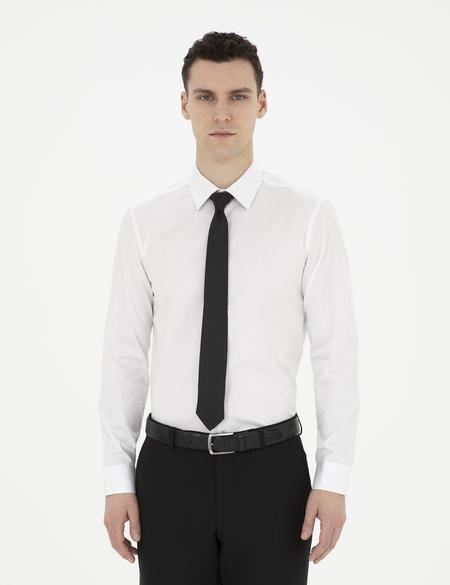 Beyaz Parlak Saten Slim Fit Uzun Kollu Basic Gömlek - 50286102017