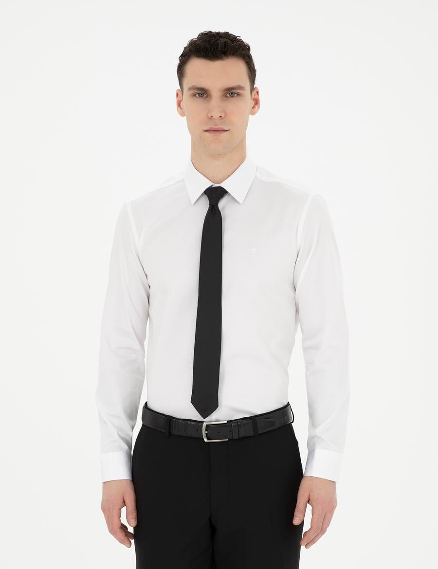 Beyaz Parlak Saten Slim Fit Uzun Kollu Basic Gömlek