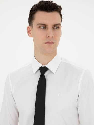 Beyaz %100 Pamuk Parlak Saten Slim Fit Uzun Kollu Basic Gömlek