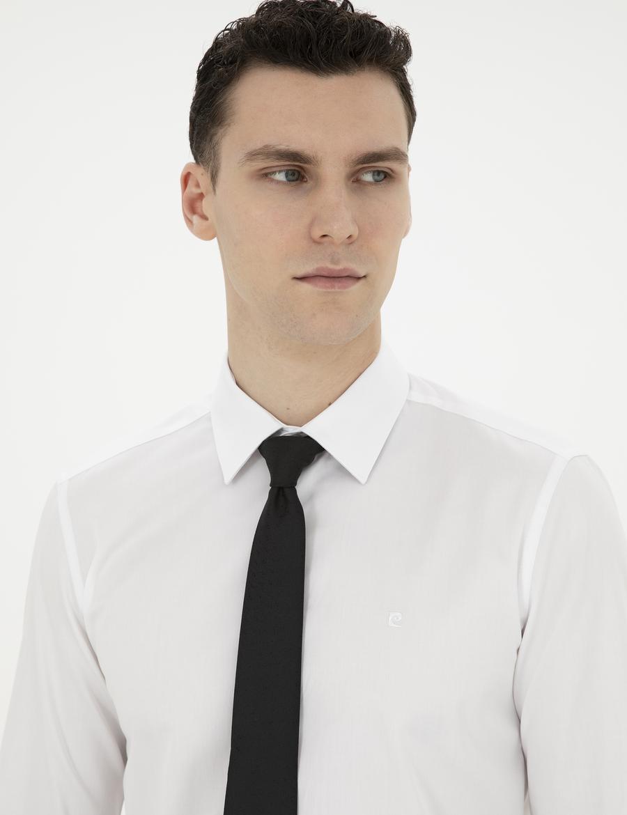 Beyaz Parlak Saten Slim Fit Uzun Kollu Basic Gömlek