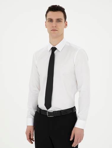 Beyaz %100 Pamuk Parlak Saten Slim Fit Uzun Kollu Basic Gömlek