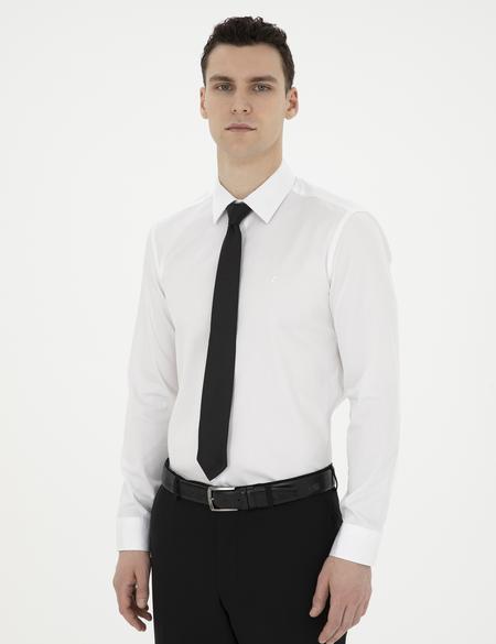 Beyaz Parlak Saten Slim Fit Uzun Kollu Basic Gömlek - 50286102017