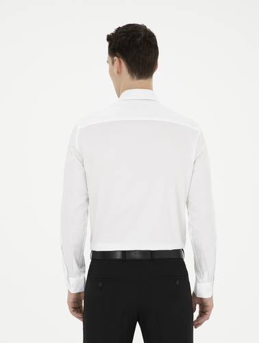 Beyaz %100 Pamuk Parlak Saten Slim Fit Uzun Kollu Basic Gömlek