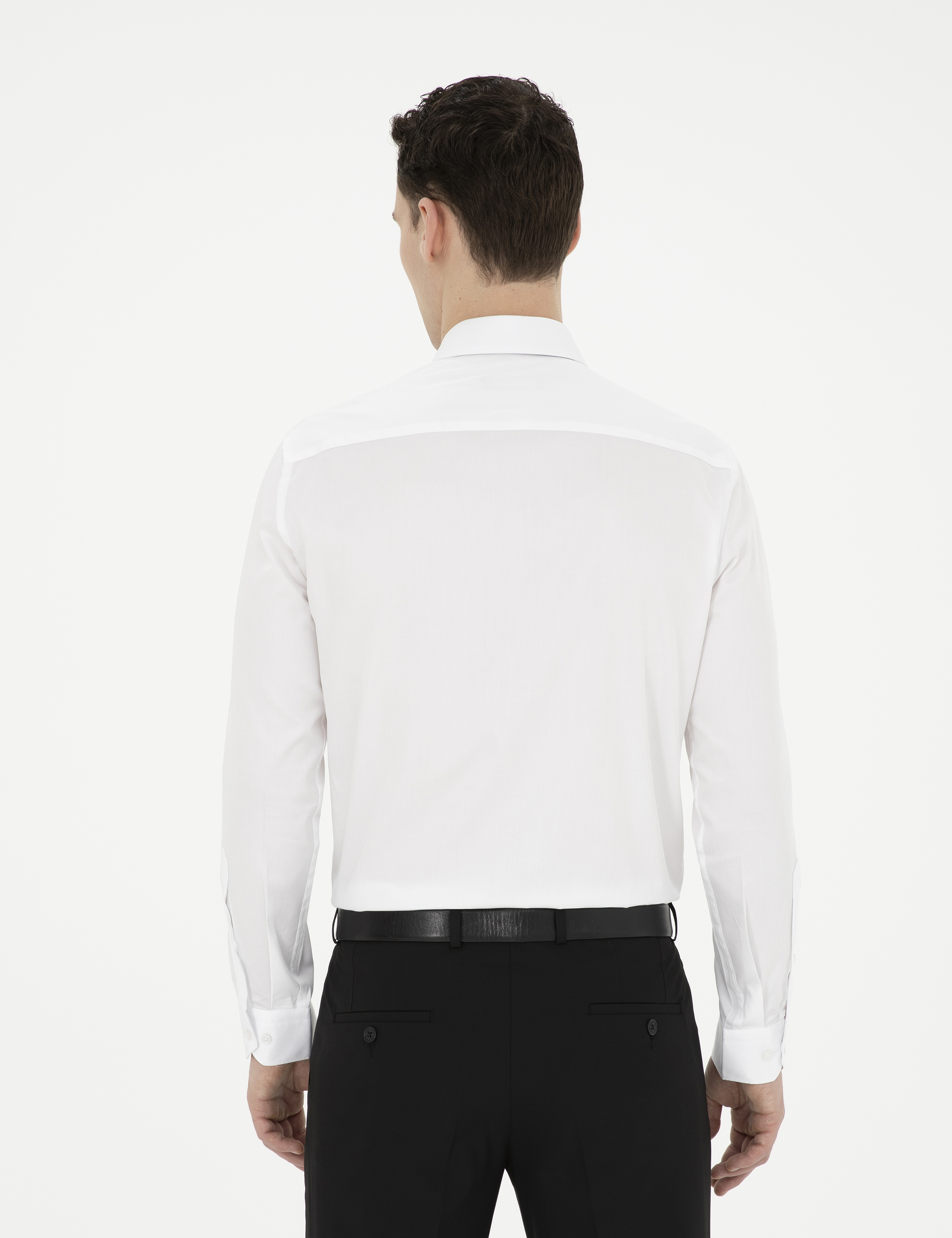 Beyaz %100 Pamuk Parlak Saten Slim Fit Uzun Kollu Basic Gömlek