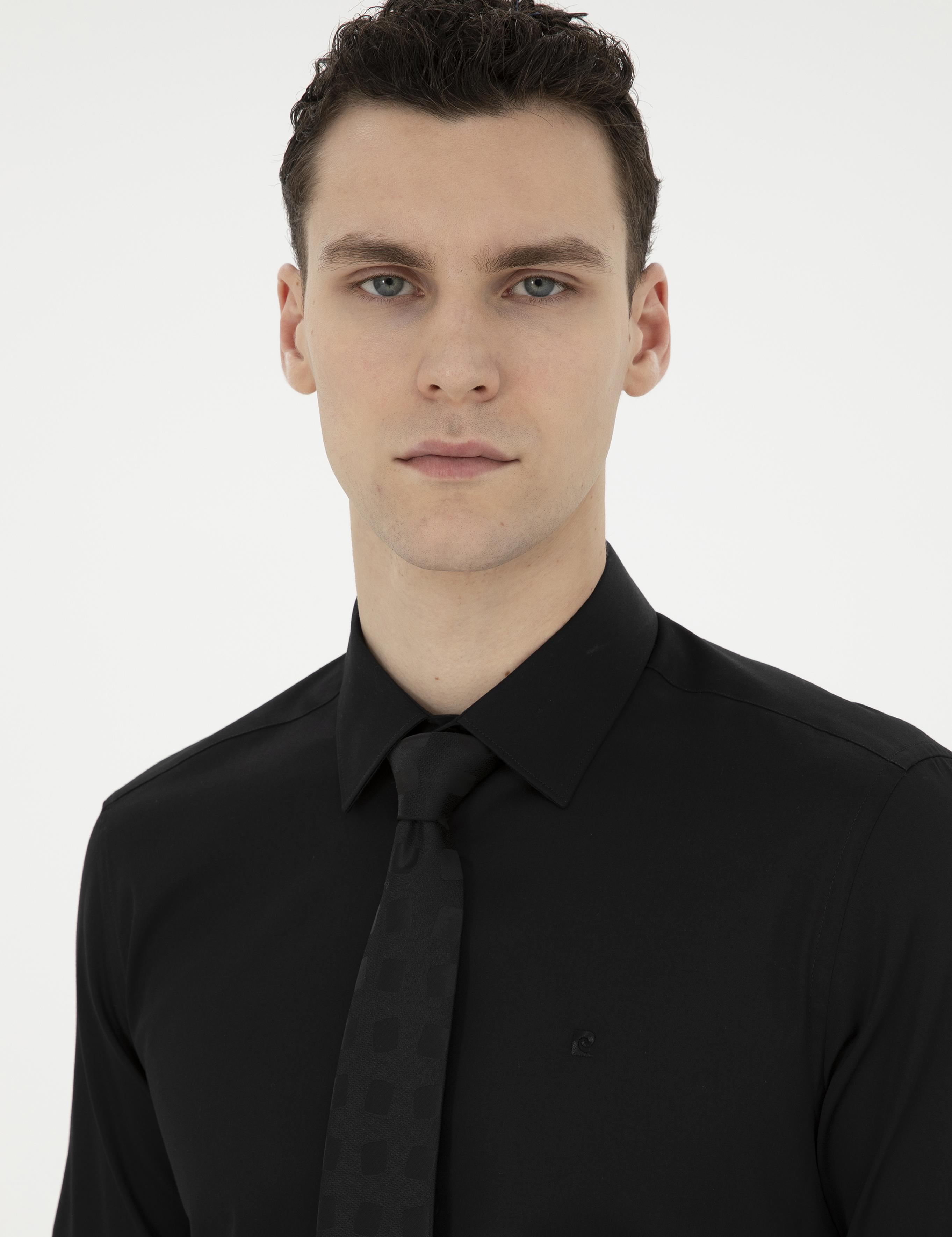 Siyah Parlak Saten Slim Fit Uzun Kollu Basic Gömlek