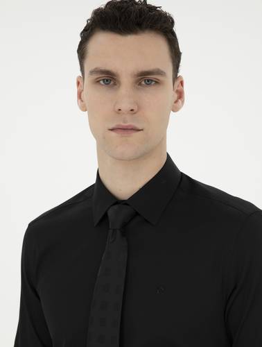 Siyah %100 Pamuk Parlak Saten Slim Fit Uzun Kollu Basic Gömlek