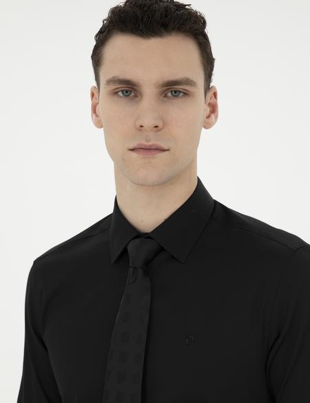 Siyah Parlak Saten Slim Fit Uzun Kollu Basic Gömlek - 50286102026