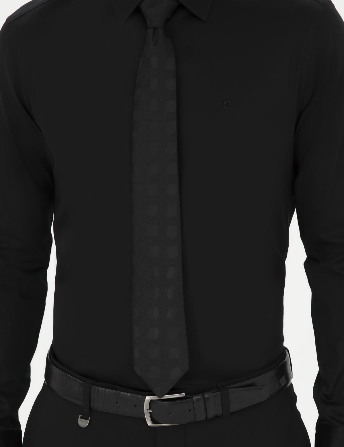 Siyah Parlak Saten Slim Fit Uzun Kollu Basic Gömlek - 50286102026