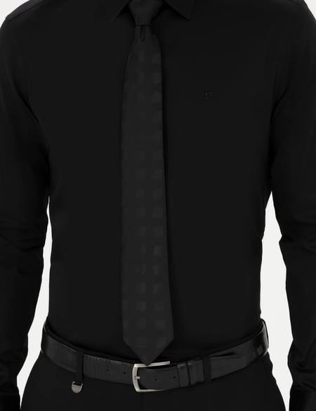 Siyah Parlak Saten Slim Fit Uzun Kollu Basic Gömlek - 50286102026