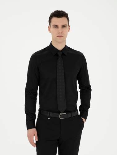 Siyah %100 Pamuk Parlak Saten Slim Fit Uzun Kollu Basic Gömlek