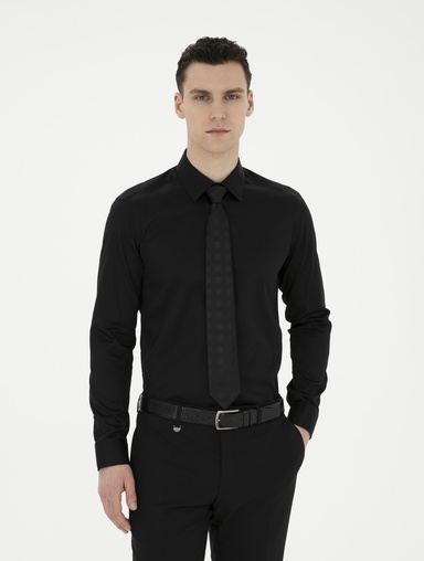 Siyah %100 Pamuk Parlak Saten Slim Fit Uzun Kollu Basic Gömlek