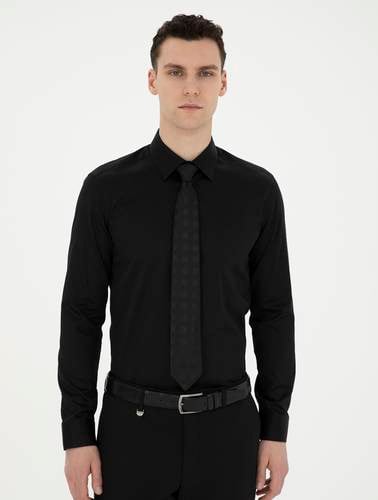 Siyah %100 Pamuk Parlak Saten Slim Fit Uzun Kollu Basic Gömlek