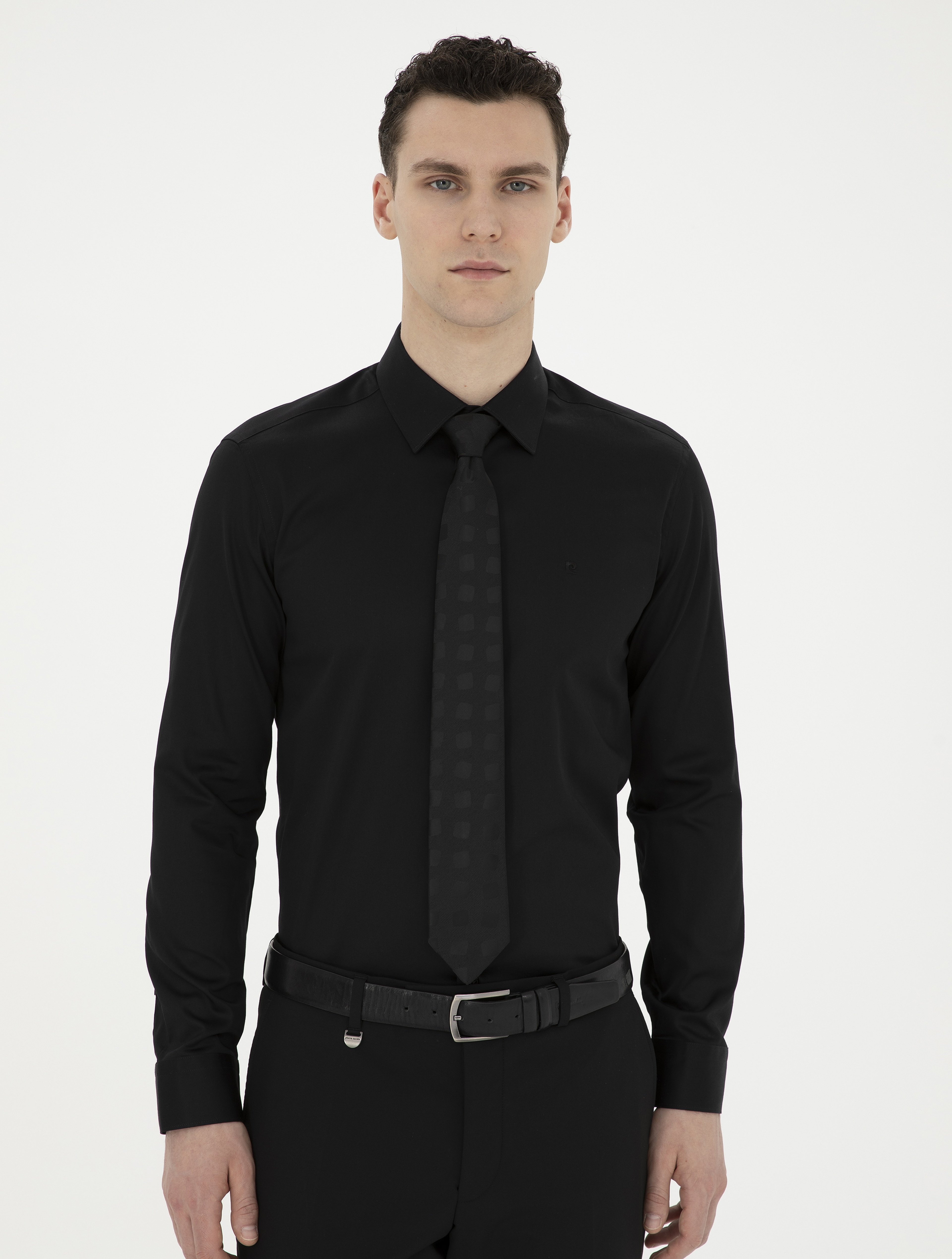Siyah %100 Pamuk Parlak Saten Slim Fit Uzun Kollu Basic Gömlek - Image 3