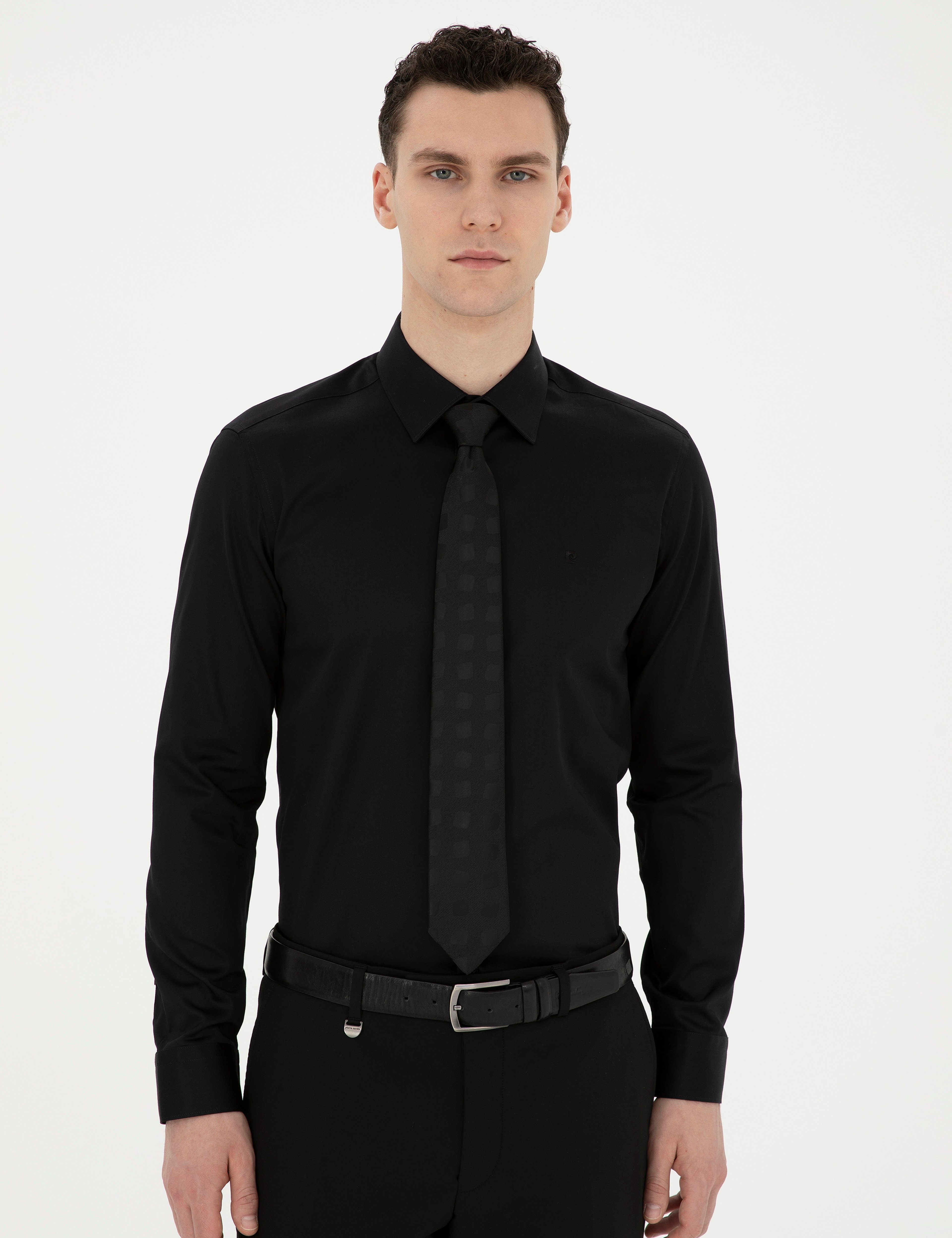 Siyah %100 Pamuk Parlak Saten Slim Fit Uzun Kollu Basic Gömlek