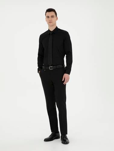 Siyah %100 Pamuk Parlak Saten Slim Fit Uzun Kollu Basic Gömlek