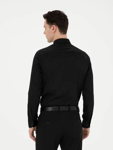 Siyah %100 Pamuk Parlak Saten Slim Fit Uzun Kollu Basic Gömlek