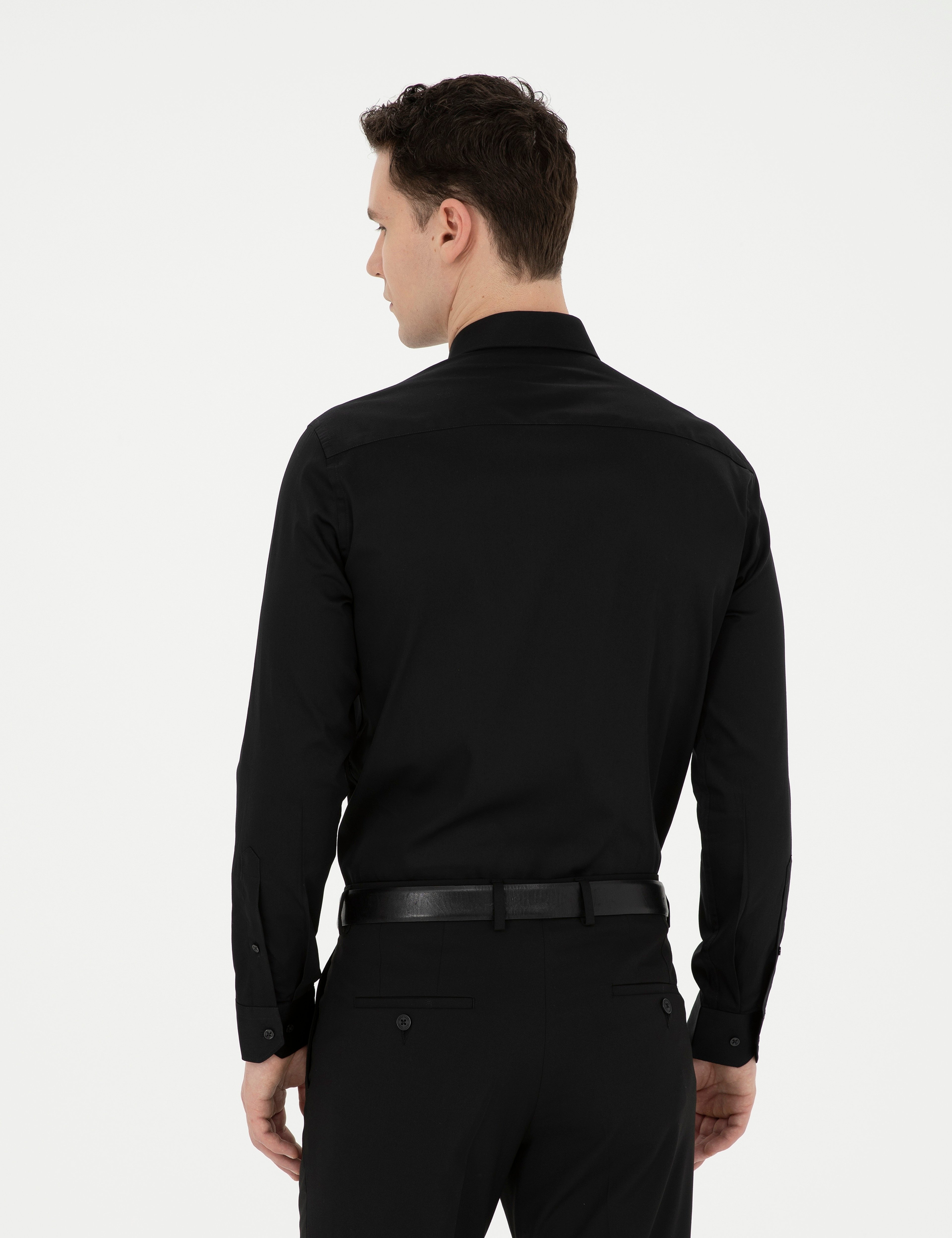Siyah %100 Pamuk Parlak Saten Slim Fit Uzun Kollu Basic Gömlek