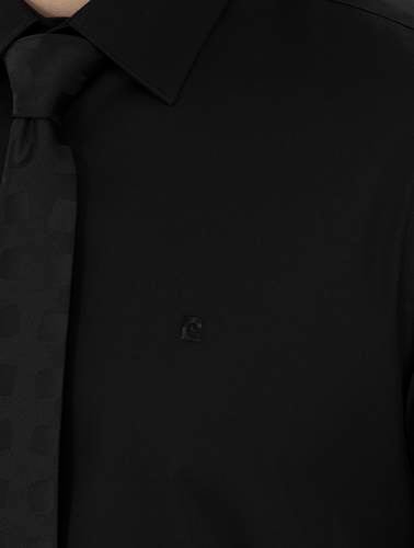 Siyah %100 Pamuk Parlak Saten Slim Fit Uzun Kollu Basic Gömlek