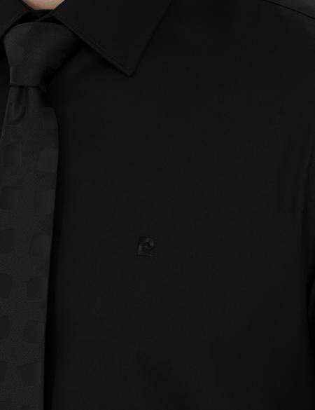 Siyah Parlak Saten Slim Fit Uzun Kollu Basic Gömlek - 50286102026