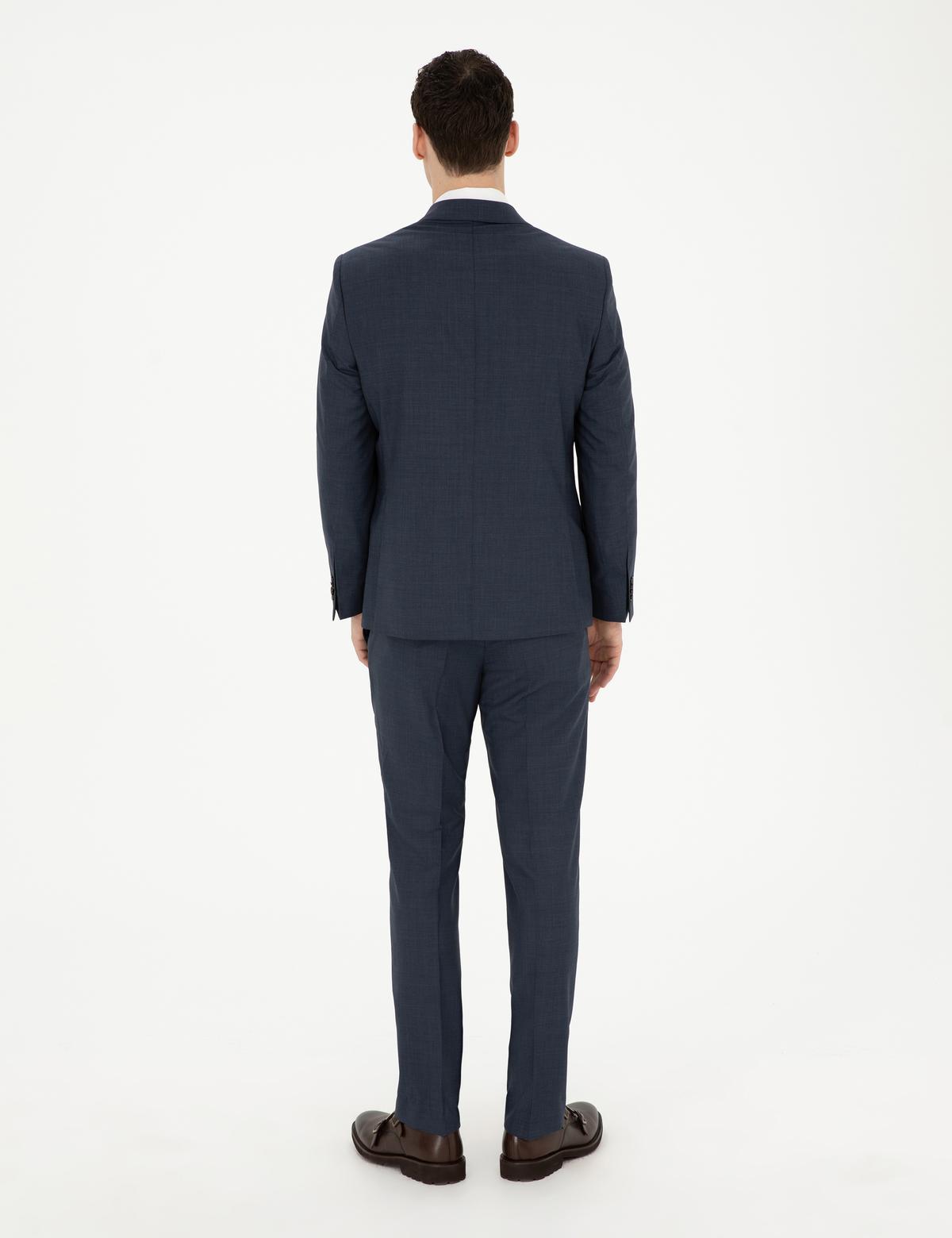 Lacivert Slim Fit Çizgili Yün İpek Karışımlı Takım Elbise - 50285293017